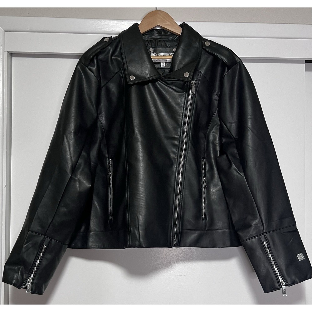 stylish Nicole Miller New York black faux leather moto jacket, SIZE 3X